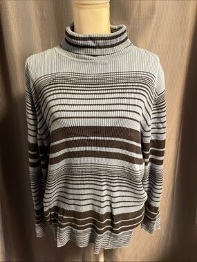 Striped Ribbed Turtleneck Sweater in Light Blue and Black